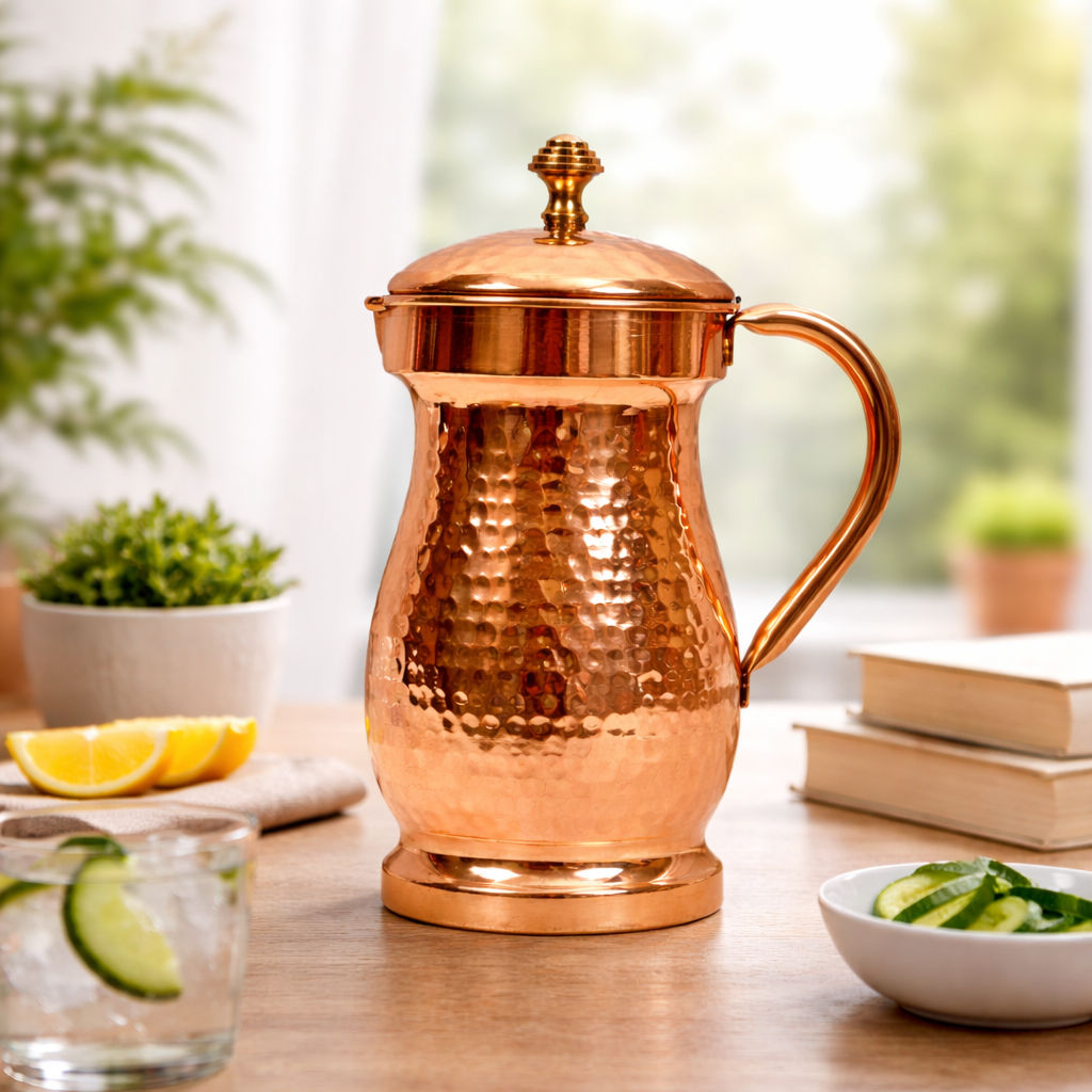 Pure copper hammered maharaja style jug with brass knob on lid, 1350 ML